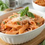 Italian pink sauce recipe with pasta in white bowl