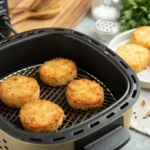 Frozen hash brown patties in air fryer cooking close-up