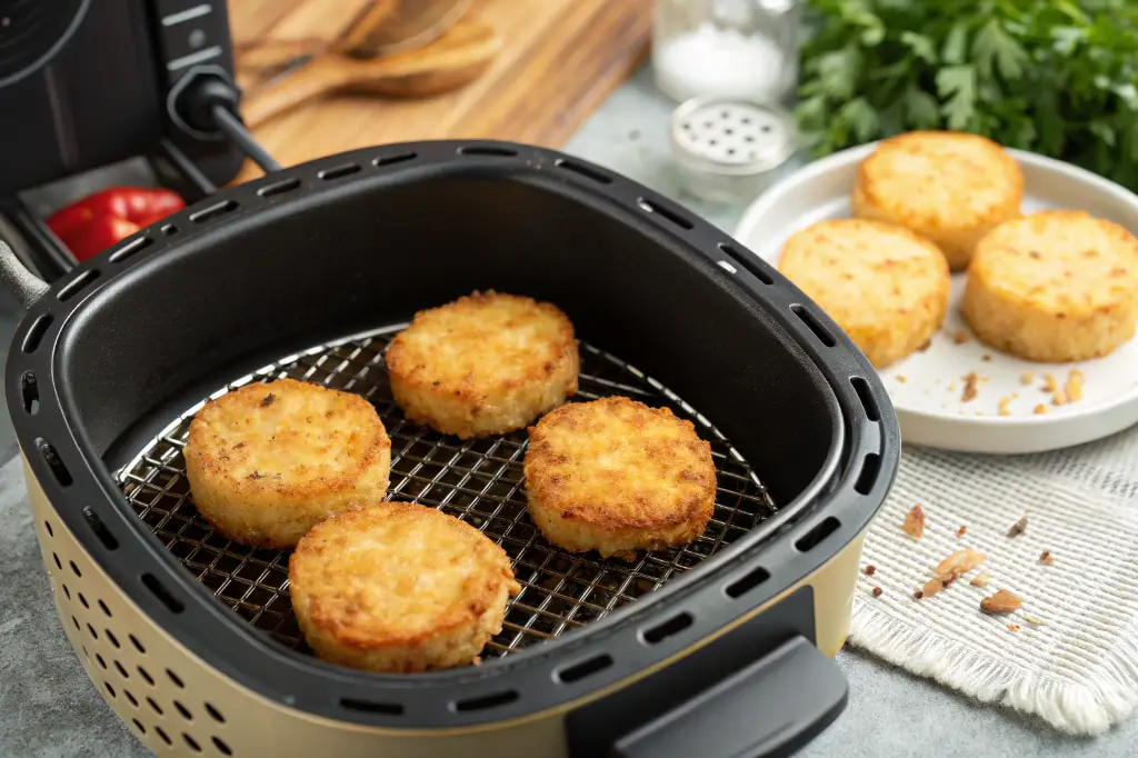 Frozen hash brown patties in air fryer cooking close-up