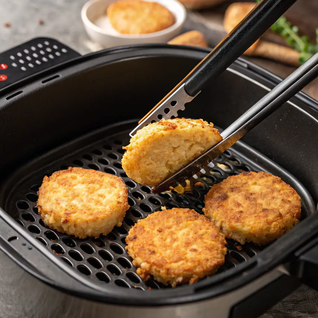 Flipping frozen hash brown patties in air fryer