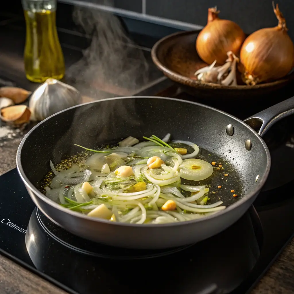 sautéing-garlic-onion-pink-sauce Sautéing garlic and onion for Italian pink sauce recipe