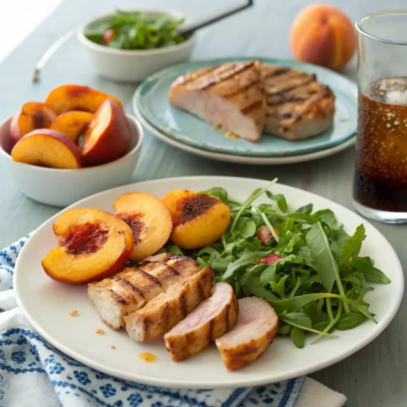 Smoked peaches served with pork chops and salad